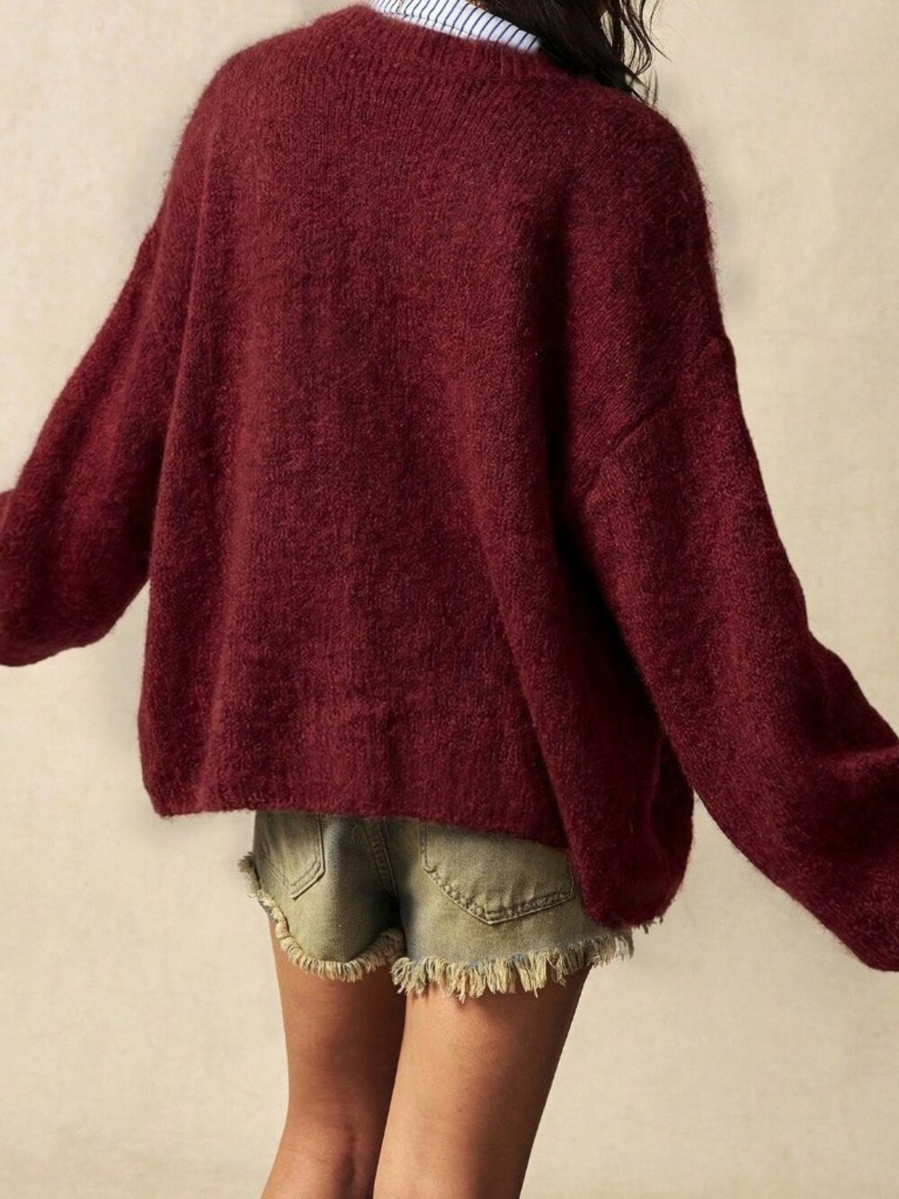 Burgundy Casual Women's Loose Front Button Long Sleeve Knit Cardigan - Picture 2 of 8
